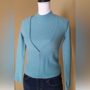 Wool Fitted Contemporary Zip Cardigan Sweater from Italy - Baby Blue